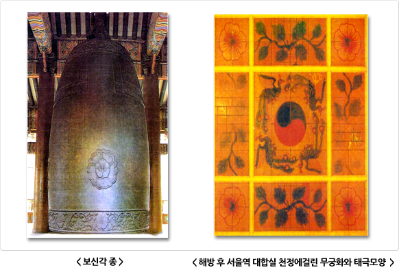 왼쪽은 종각에 걸린 보신각 종. 종의 몸통에 무궁화 문양 띠가 새겨져 있다. 오른쪽은 해방 후 서울역 대합실 천정에 그려진 무궁화와 태극 모양 단청.